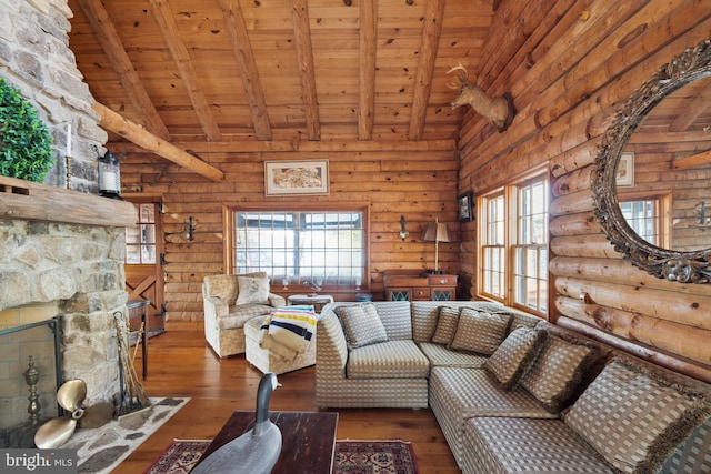 living room featuring plenty of natural light, dark hardwood / wood-style flooring, wooden ceiling, and log walls