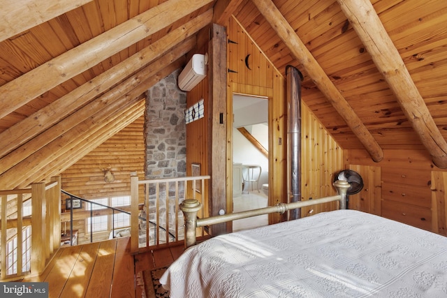 unfurnished bedroom featuring wooden ceiling, a wall mounted air conditioner, vaulted ceiling with beams, wood walls, and hardwood / wood-style floors