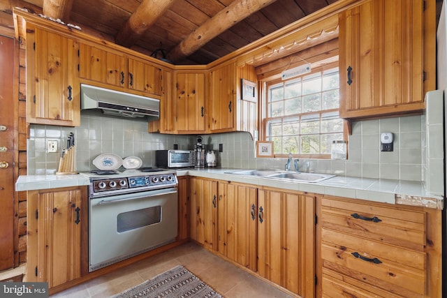 kitchen with stainless steel electric stove, tile counters, wood ceiling, and beam ceiling