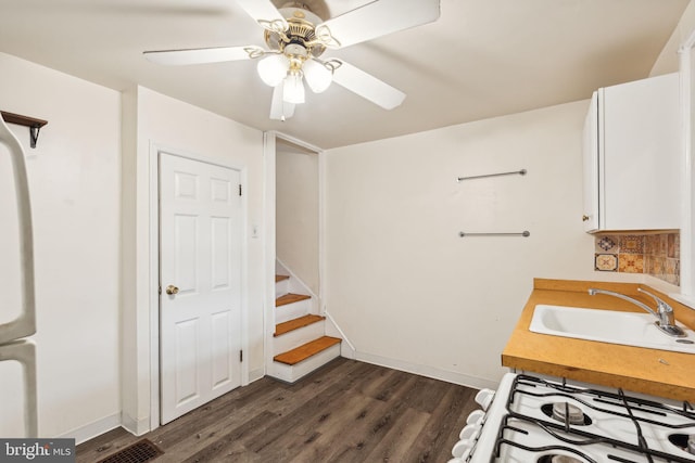 interior space with ceiling fan, sink, and hardwood / wood-style flooring