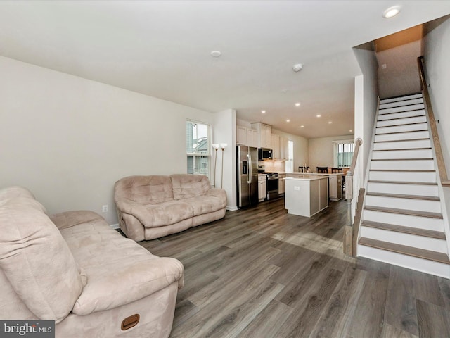 living room featuring dark wood-type flooring