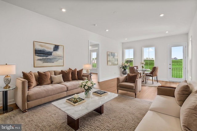 living room with light hardwood / wood-style flooring