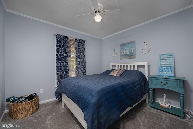 bedroom with dark colored carpet, a textured ceiling, ceiling fan, and ornamental molding