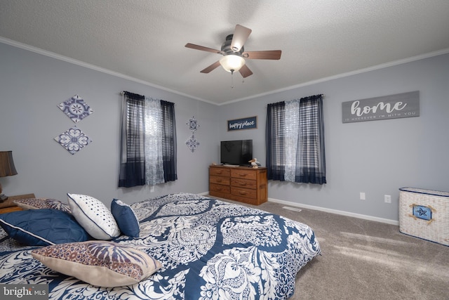 bedroom featuring carpet flooring, ceiling fan, ornamental molding, and a textured ceiling