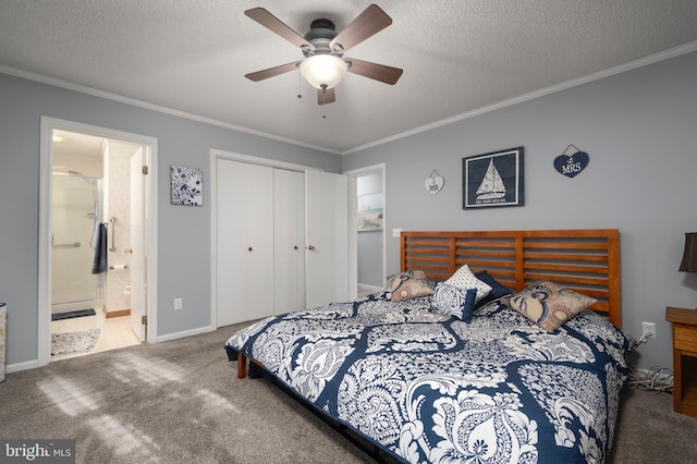 bedroom featuring carpet, a textured ceiling, a closet, and ceiling fan