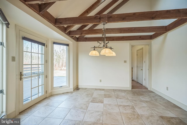 unfurnished dining area featuring a notable chandelier, lofted ceiling with beams, and light tile patterned floors