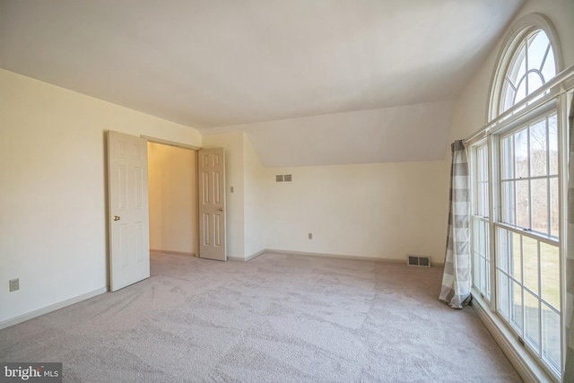 spare room with a healthy amount of sunlight, light colored carpet, and lofted ceiling