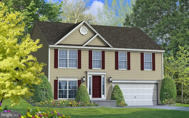 view of front of property with a front yard and a garage