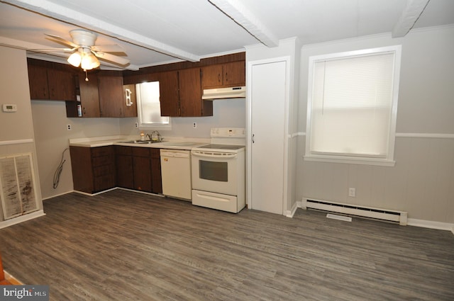 kitchen with beam ceiling, sink, dark hardwood / wood-style floors, a baseboard heating unit, and white appliances