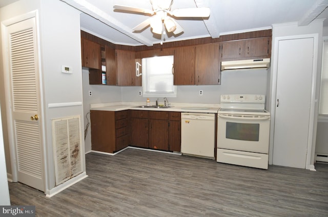 kitchen with ceiling fan, dark hardwood / wood-style flooring, white appliances, and sink