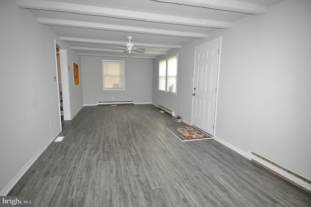 empty room with beam ceiling, baseboard heating, and dark wood-type flooring