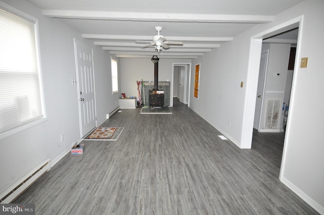 interior space with plenty of natural light, beam ceiling, and dark hardwood / wood-style flooring