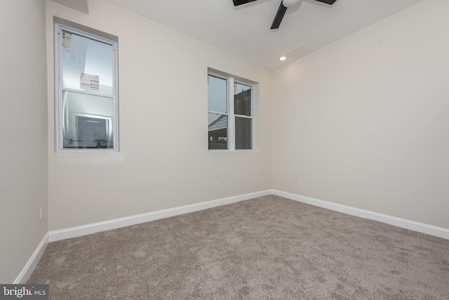 unfurnished room with ceiling fan and carpet floors