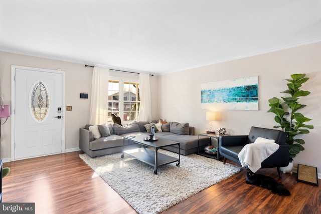 living room featuring hardwood / wood-style flooring and ornamental molding