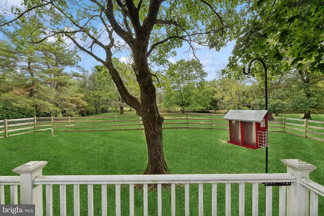 view of yard featuring a rural view and a shed