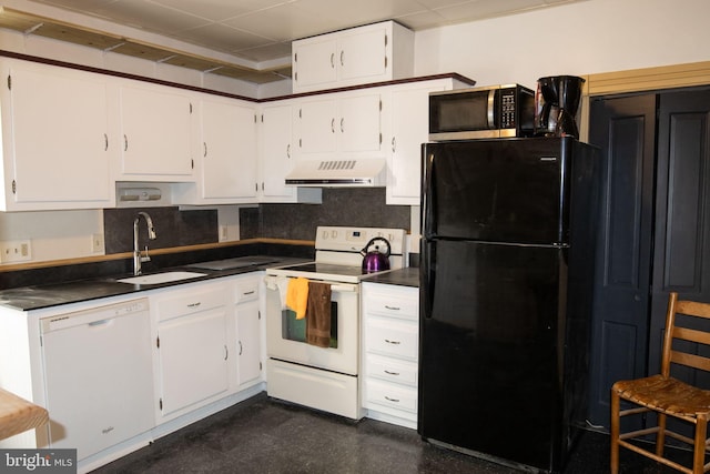 kitchen with white appliances, white cabinets, sink, decorative backsplash, and range hood