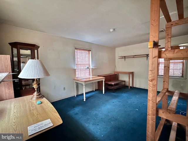 miscellaneous room featuring dark colored carpet