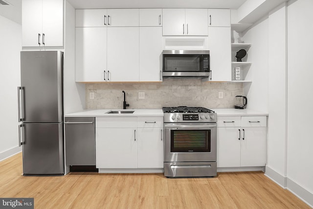 kitchen with sink, light wood-type flooring, tasteful backsplash, white cabinetry, and stainless steel appliances