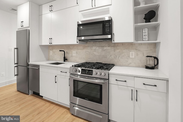 kitchen featuring white cabinets, appliances with stainless steel finishes, light hardwood / wood-style floors, and sink