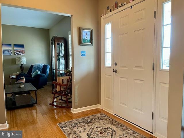 entrance foyer with a healthy amount of sunlight and light hardwood / wood-style floors