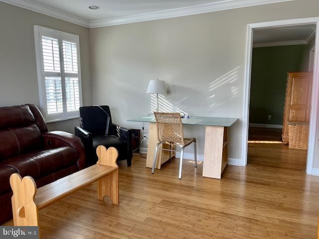 living area featuring hardwood / wood-style floors and crown molding