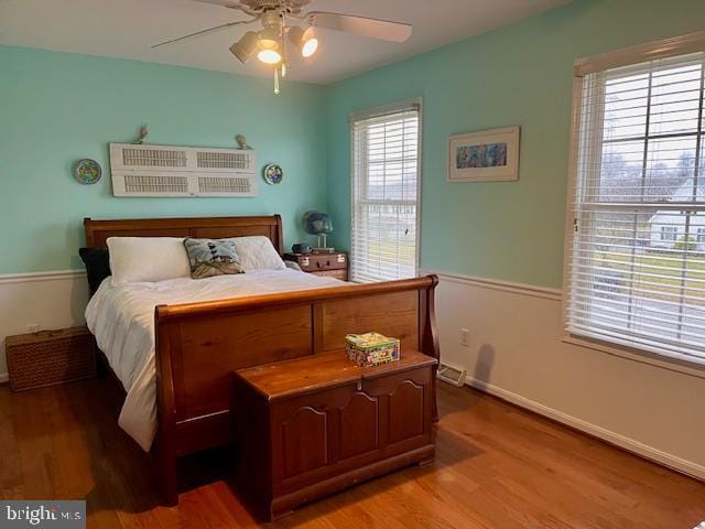 bedroom with ceiling fan and wood-type flooring