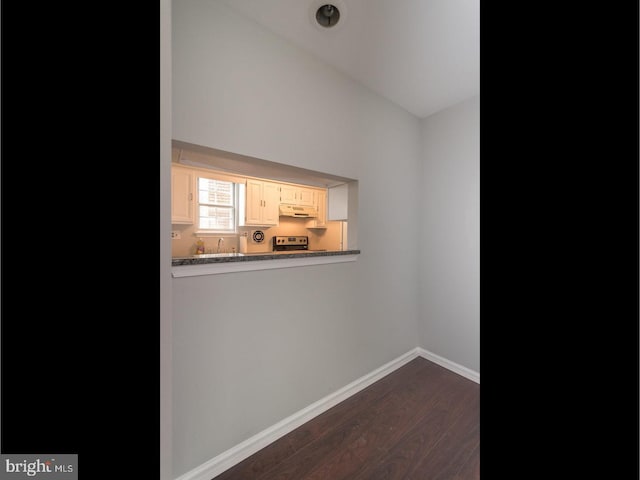 unfurnished room featuring dark hardwood / wood-style floors and lofted ceiling