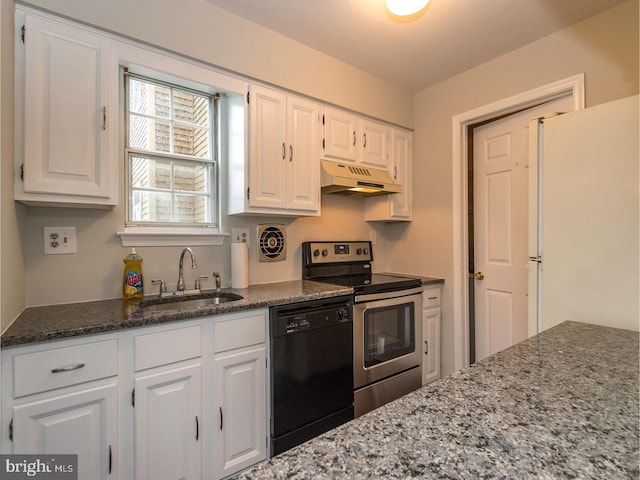 kitchen featuring stainless steel electric range oven, sink, black dishwasher, white fridge, and white cabinets