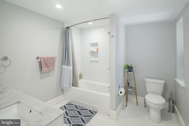 full bathroom featuring tile patterned flooring, vanity, toilet, and shower / tub combo with curtain