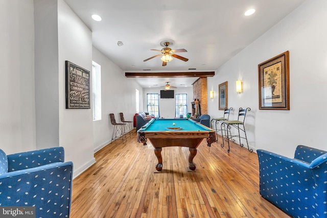 rec room with ceiling fan, light hardwood / wood-style flooring, and pool table