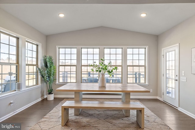 dining area with lofted ceiling and dark wood-type flooring