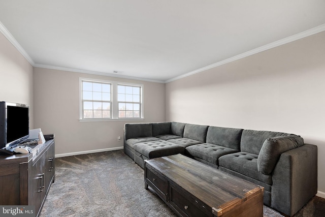 living room with ornamental molding and dark colored carpet