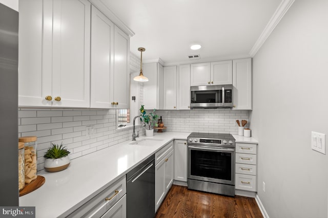 kitchen featuring white cabinetry, sink, stainless steel appliances, and dark hardwood / wood-style floors