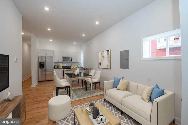 living room with light wood-type flooring and electric panel