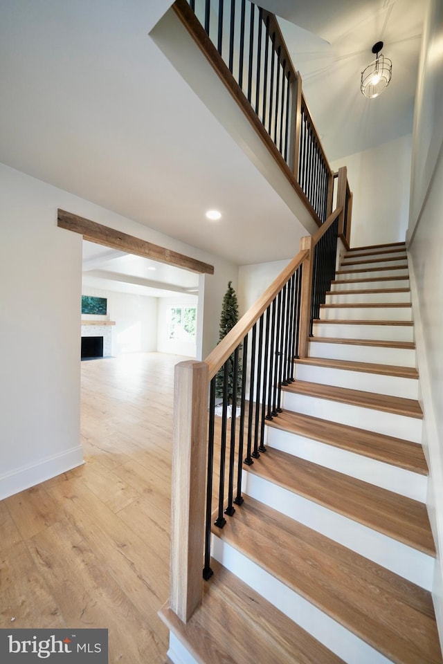 staircase with wood-type flooring