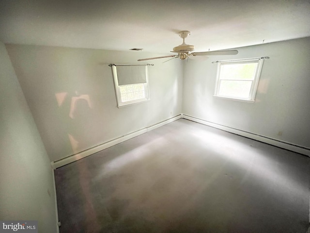 empty room with ceiling fan, plenty of natural light, and concrete flooring