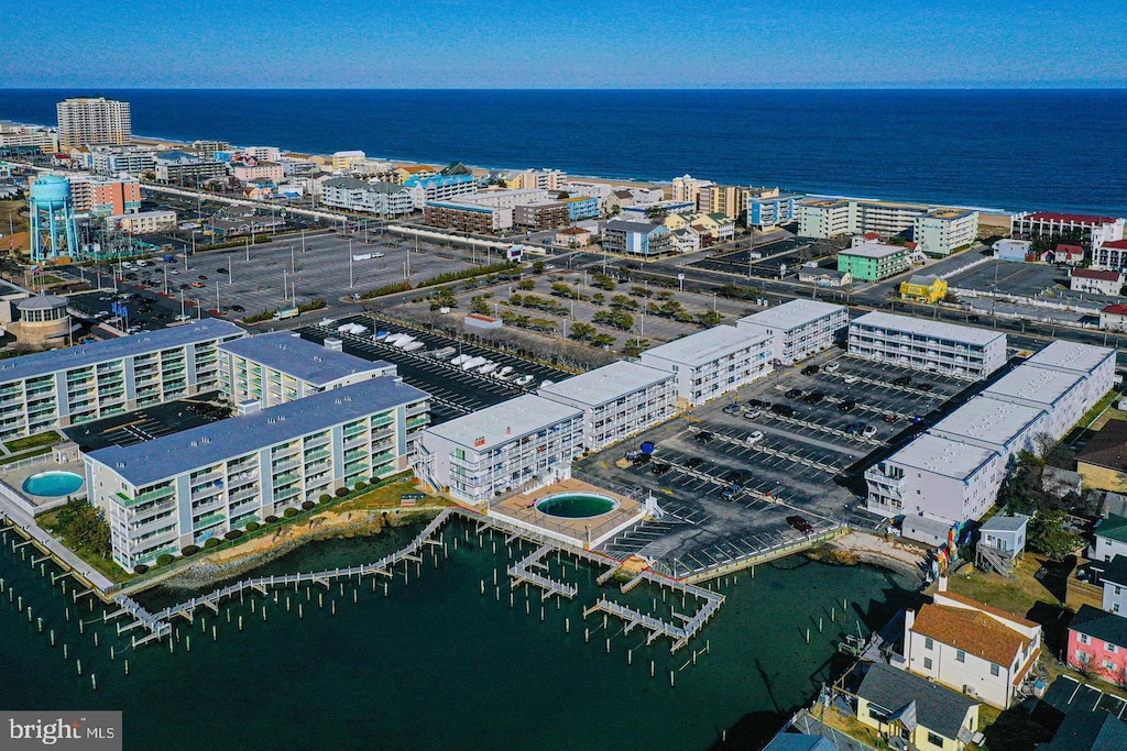 drone / aerial view featuring a water view