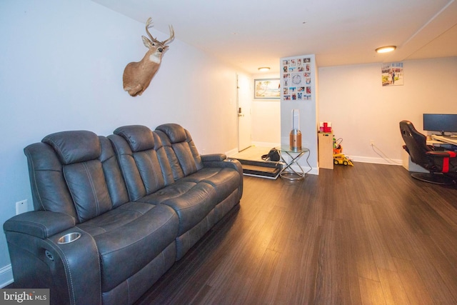 living room with dark hardwood / wood-style flooring