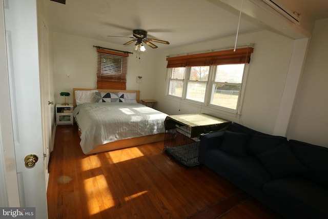 bedroom featuring beam ceiling, ceiling fan, and dark wood-type flooring