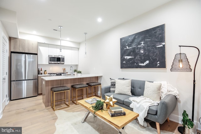 living room with sink and light hardwood / wood-style flooring