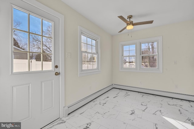 doorway to outside with baseboard heating, plenty of natural light, and ceiling fan