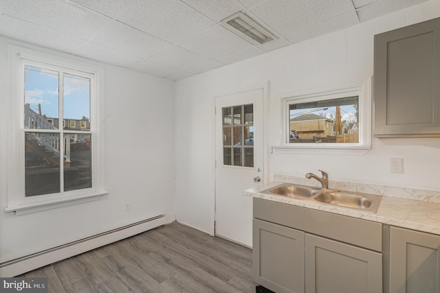 interior space with gray cabinets, a healthy amount of sunlight, sink, and a baseboard radiator