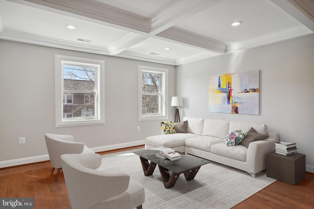 living room with beamed ceiling, dark hardwood / wood-style floors, crown molding, and coffered ceiling