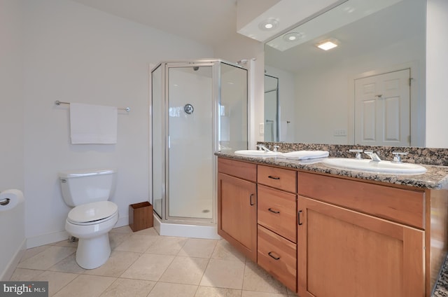 bathroom featuring an enclosed shower, vanity, tile patterned flooring, and toilet