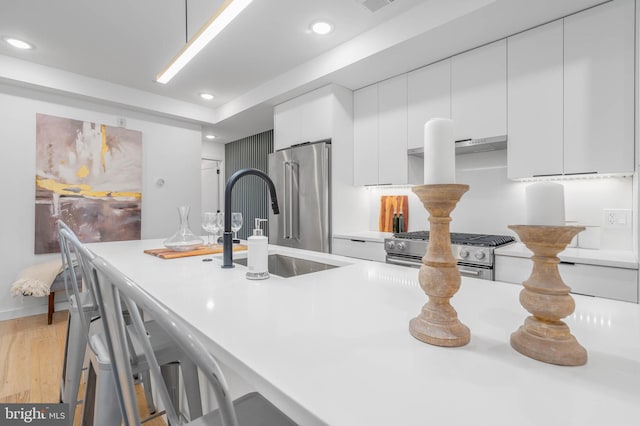 kitchen with white cabinets, sink, appliances with stainless steel finishes, and light hardwood / wood-style flooring