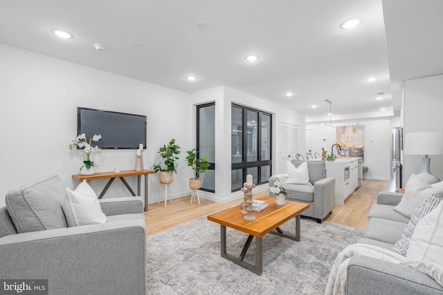 living room with light hardwood / wood-style floors and sink