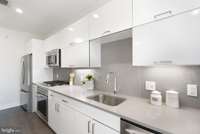 kitchen featuring appliances with stainless steel finishes, backsplash, dark wood-type flooring, sink, and white cabinetry