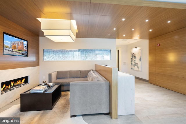 living room with wooden ceiling