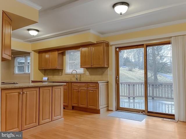 kitchen featuring light wood-type flooring, plenty of natural light, ornamental molding, and sink