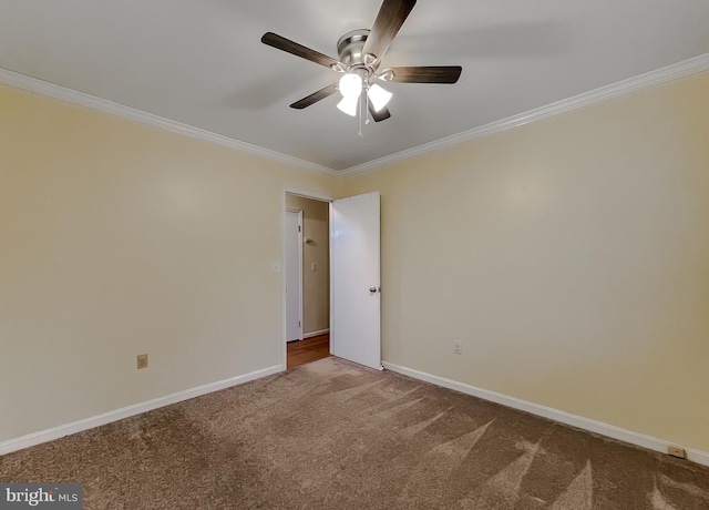 unfurnished room with carpet, ceiling fan, and ornamental molding